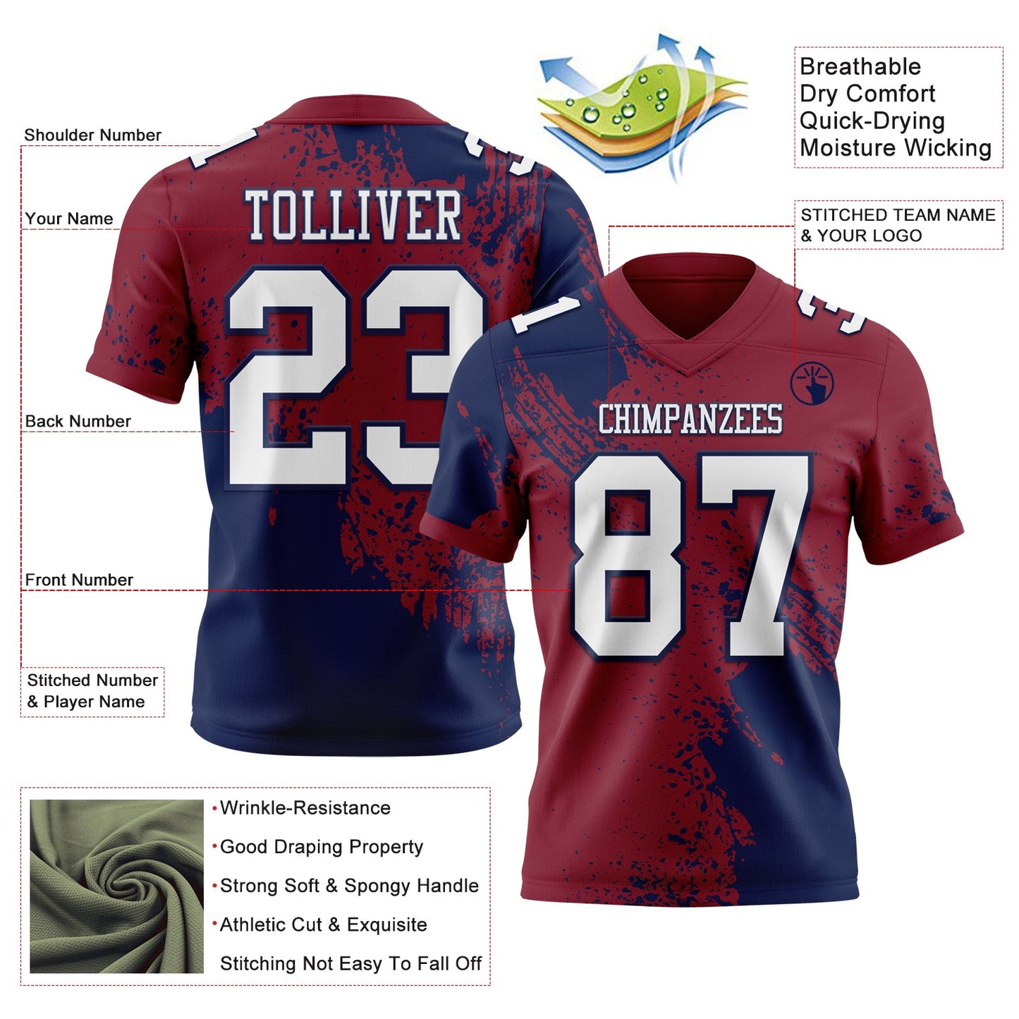 Custom Crimson White-Navy 3D Pattern Abstract Brush Stroke Authentic Football Jersey view 2
