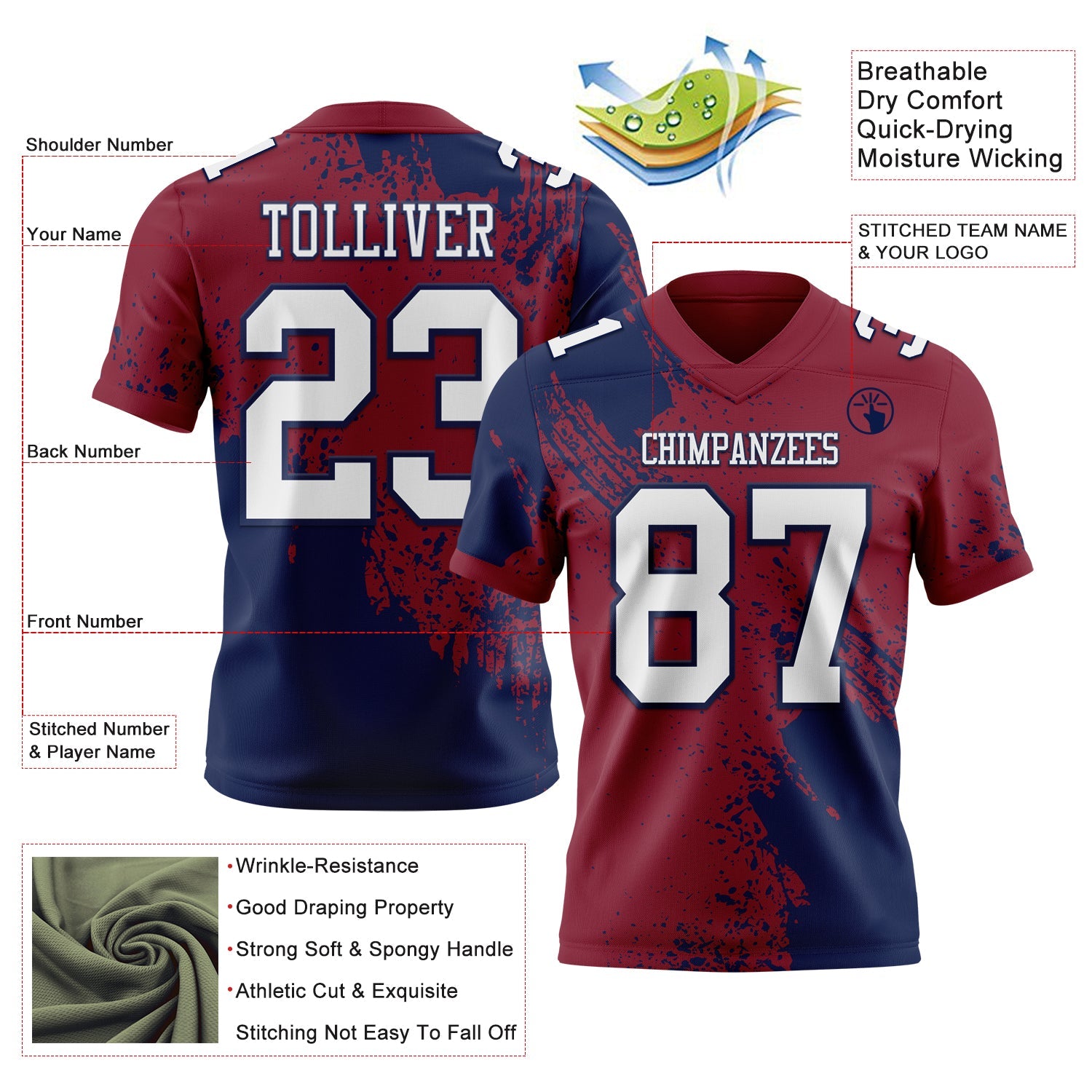 Custom Crimson White-Navy 3D Pattern Abstract Brush Stroke Authentic Football Jersey view 2