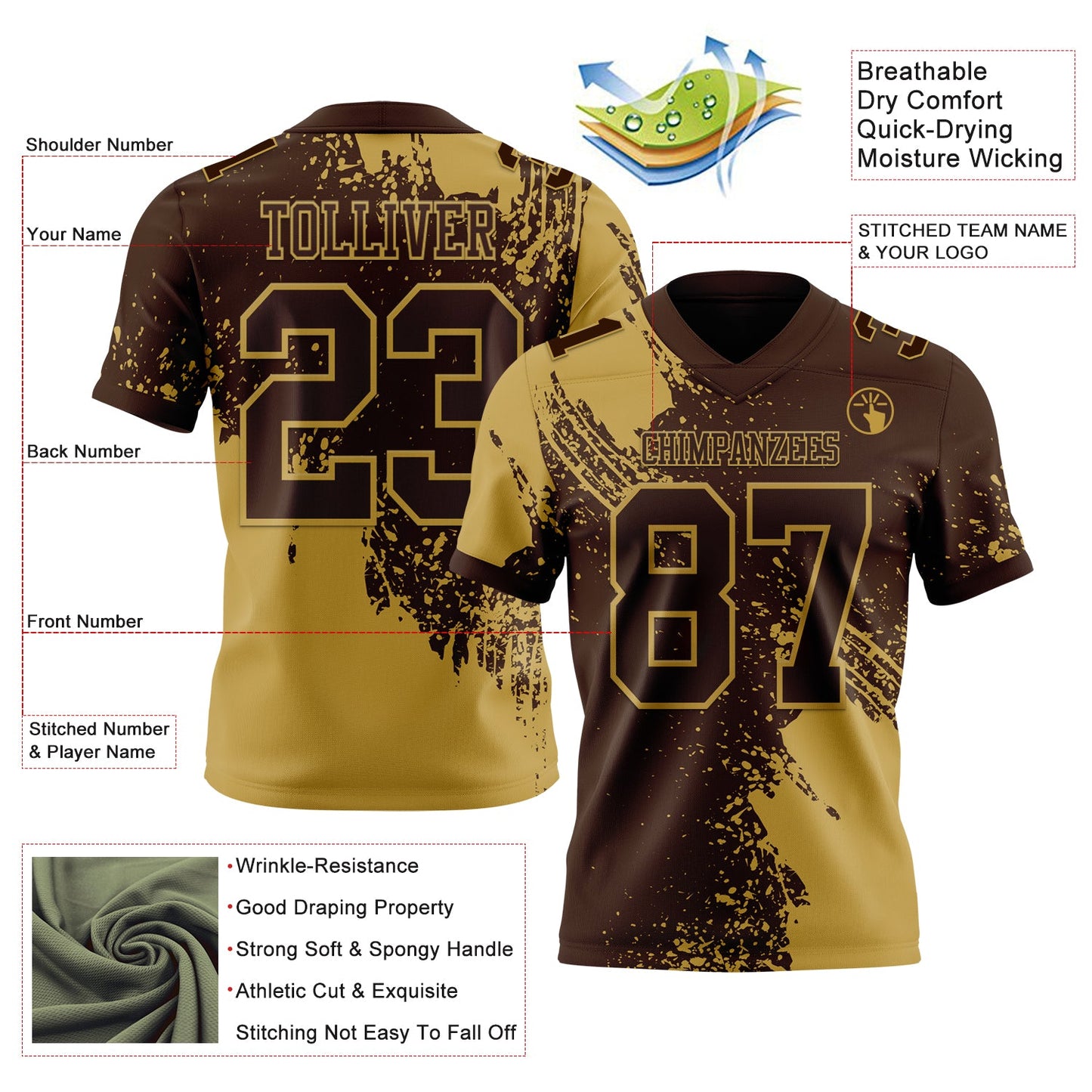 Custom Brown Old Gold 3D Pattern Abstract Brush Stroke Authentic Football Jersey view 2