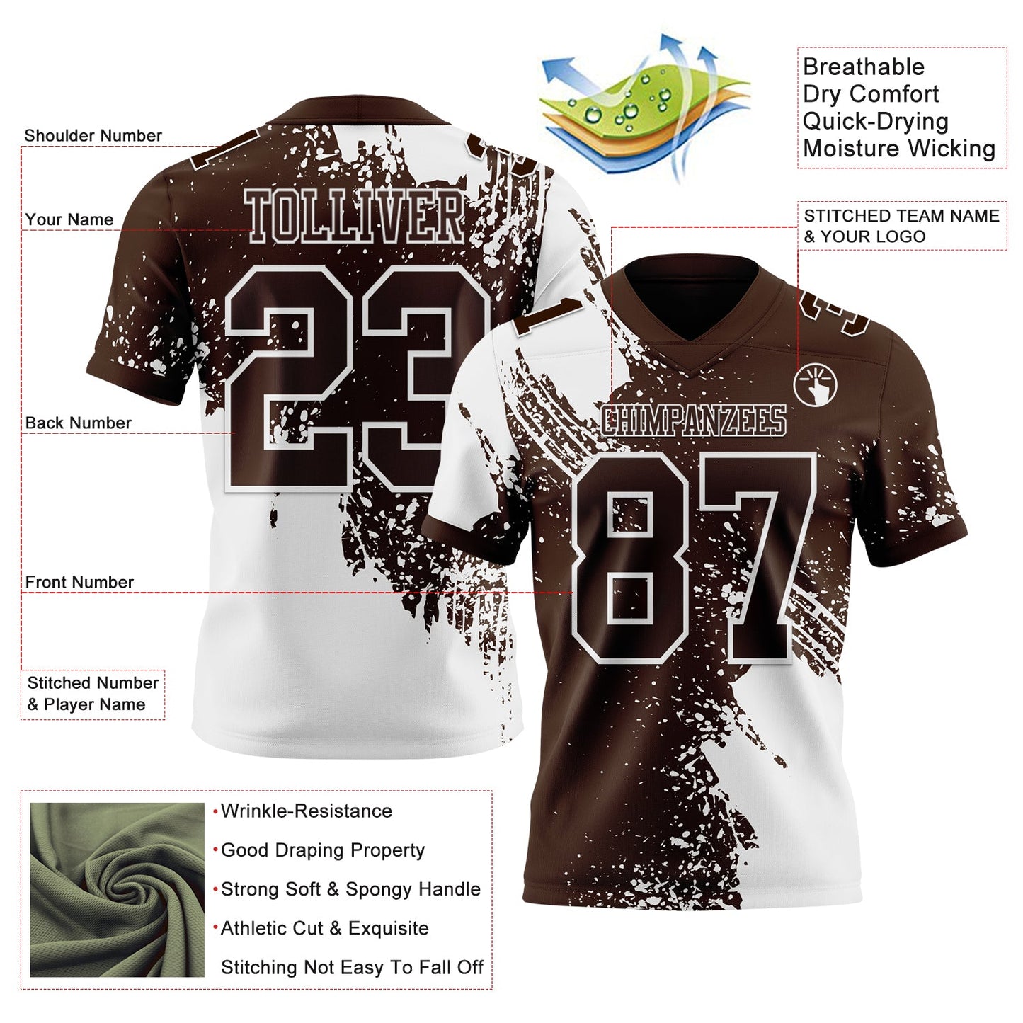 Custom Brown White 3D Pattern Abstract Brush Stroke Authentic Football Jersey view 2