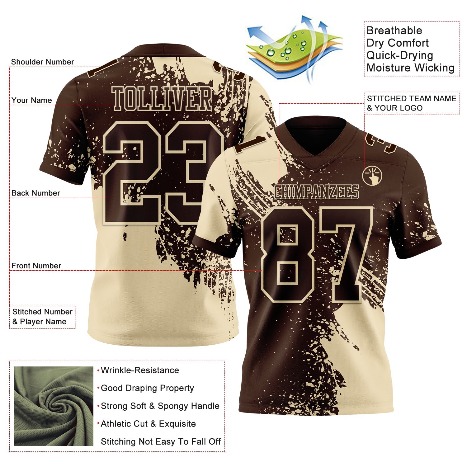 Custom Brown Cream 3D Pattern Abstract Brush Stroke Authentic Football Jersey view 2