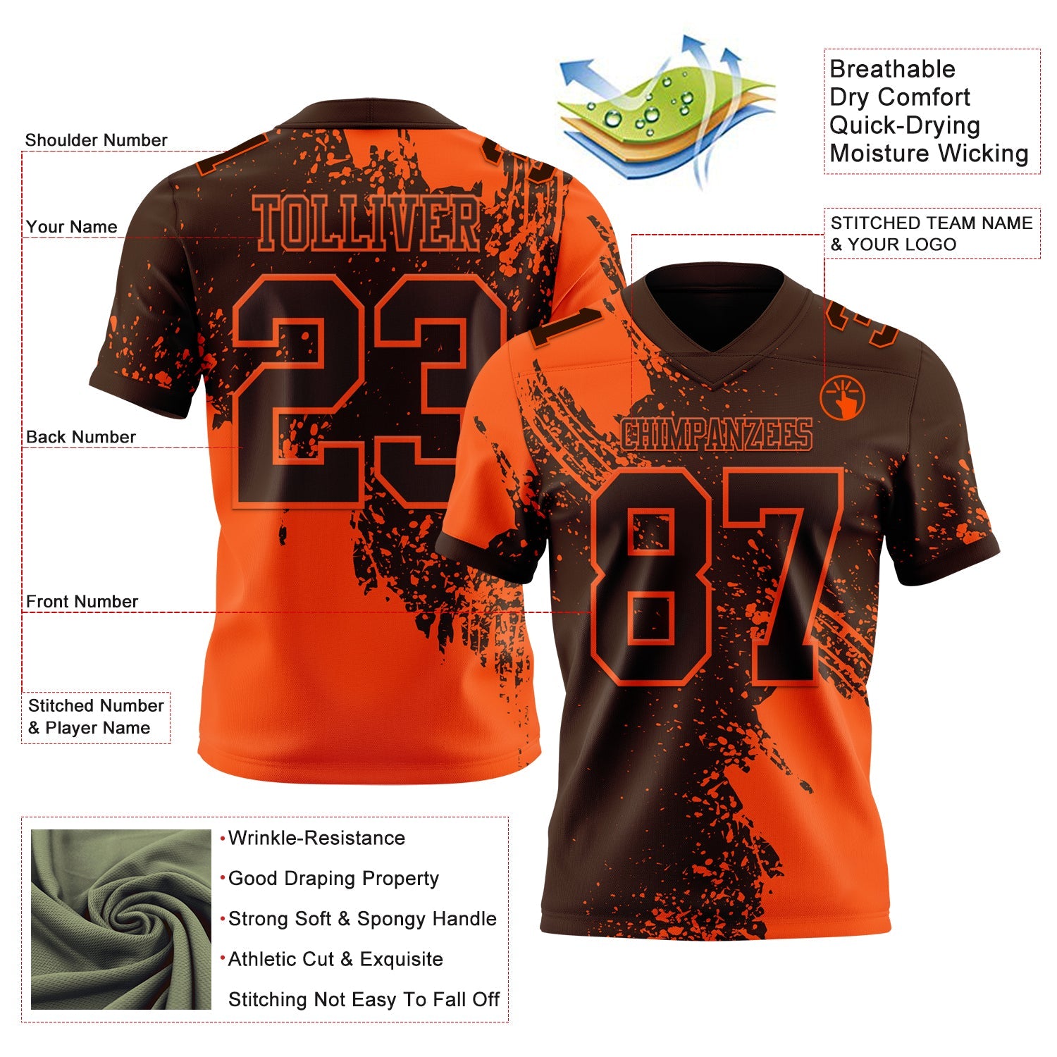 Custom Brown Orange 3D Pattern Abstract Brush Stroke Authentic Football Jersey view 2