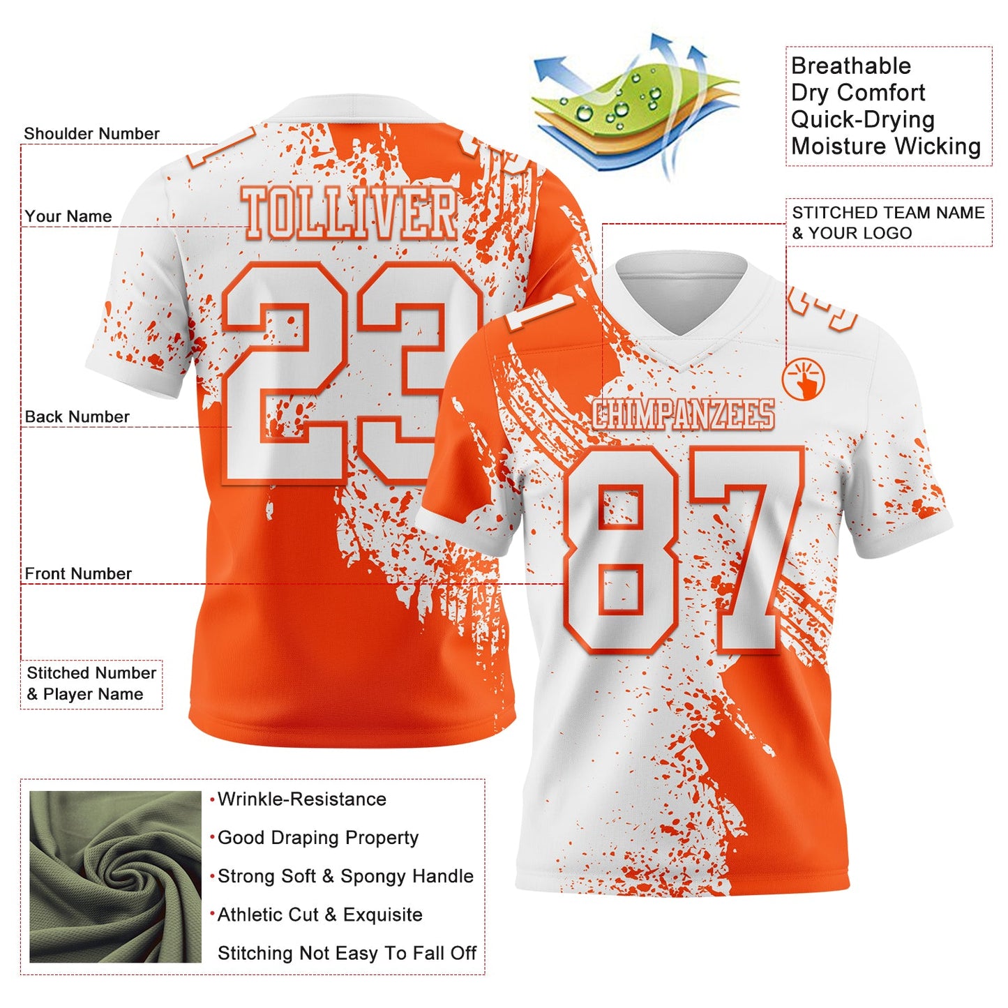 Custom White Orange 3D Pattern Abstract Brush Stroke Authentic Football Jersey view 2