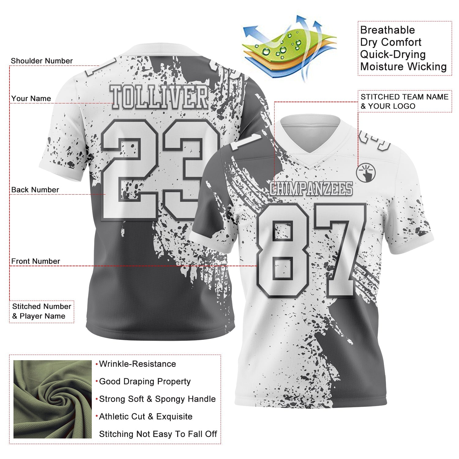 Custom White Steel Gray 3D Pattern Abstract Brush Stroke Authentic Football Jersey view 2