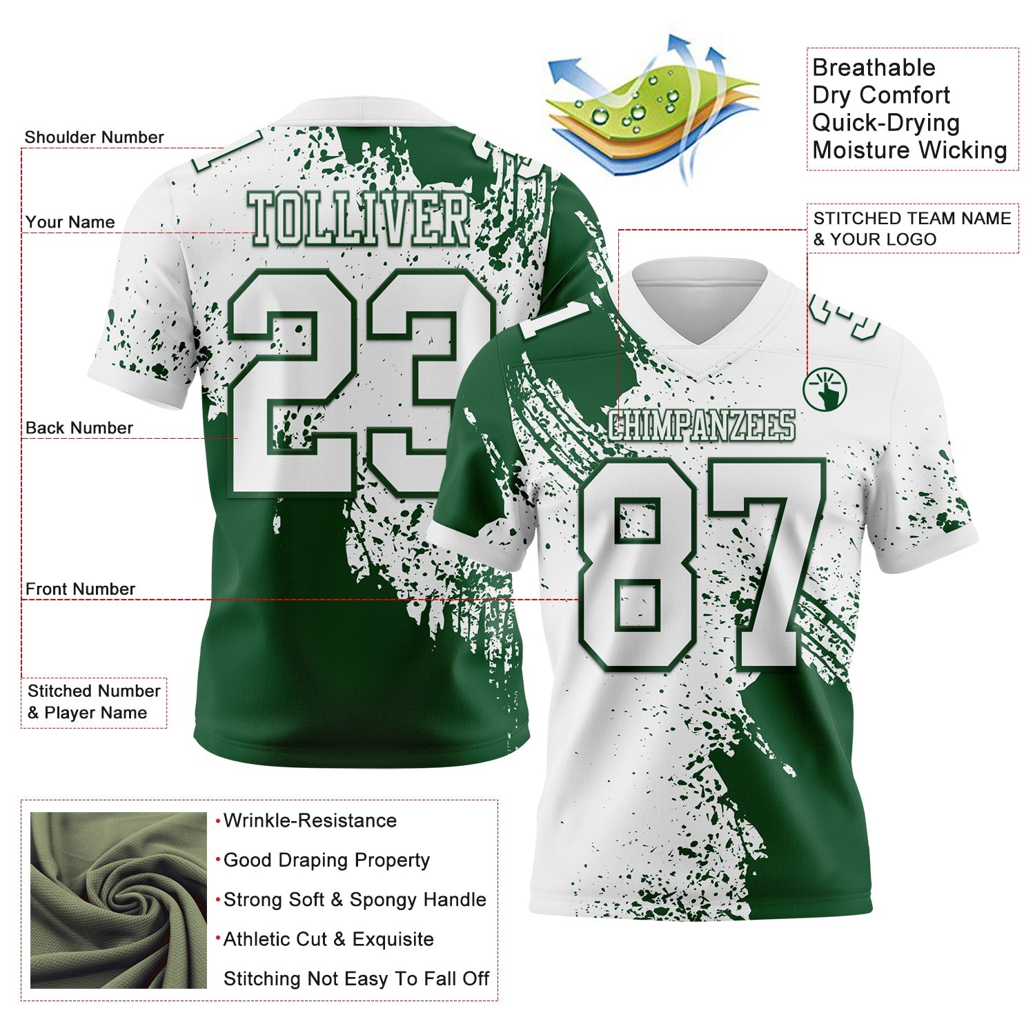 Custom White Green 3D Pattern Abstract Brush Stroke Authentic Football Jersey view 2