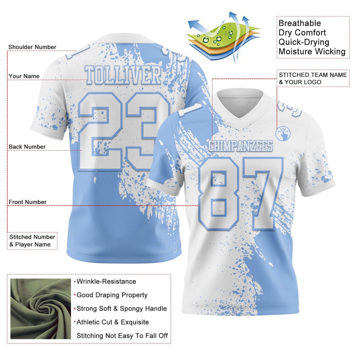 Custom White Light Blue 3D Pattern Abstract Brush Stroke Authentic Football Jersey view 2