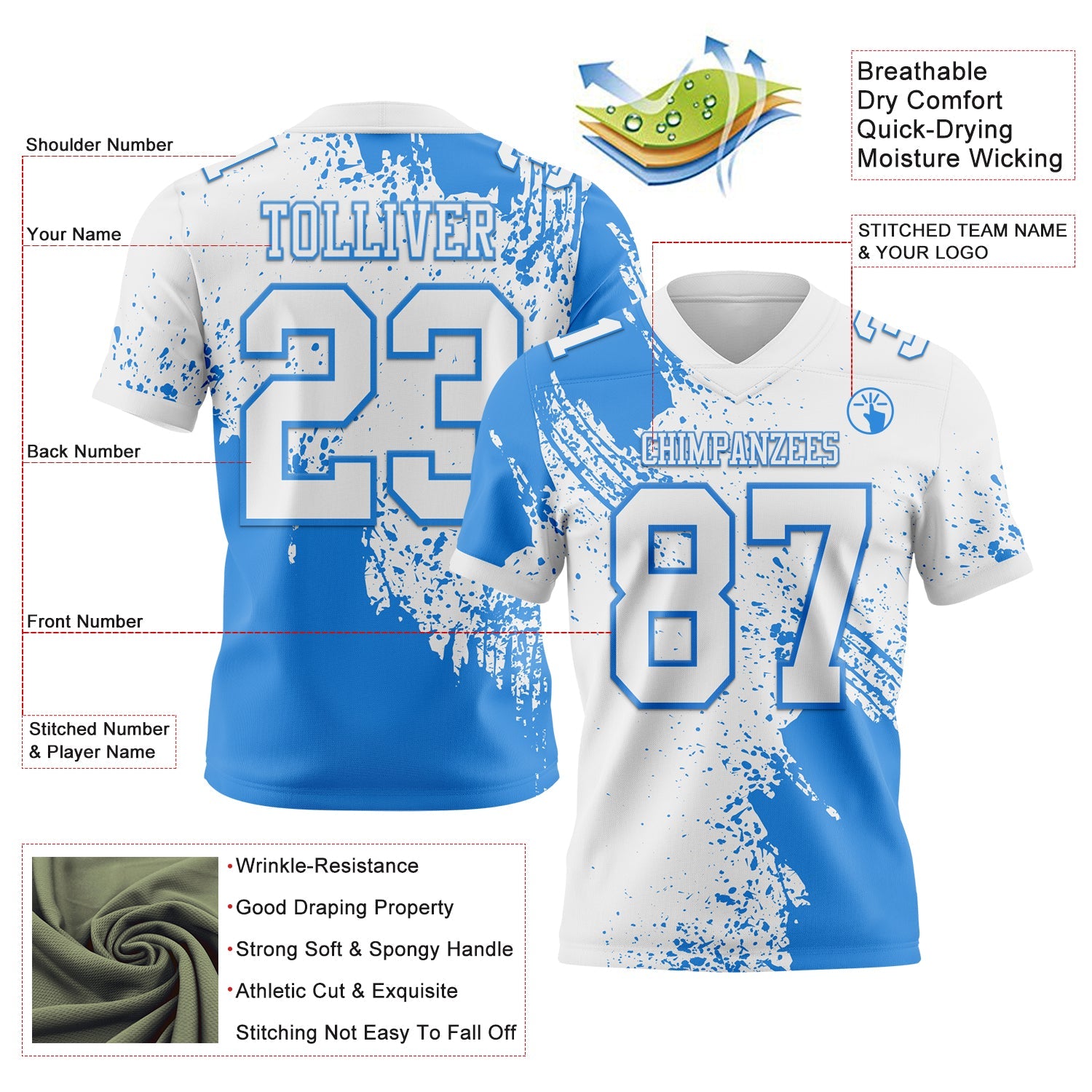 Custom White Powder Blue 3D Pattern Abstract Brush Stroke Authentic Football Jersey view 2