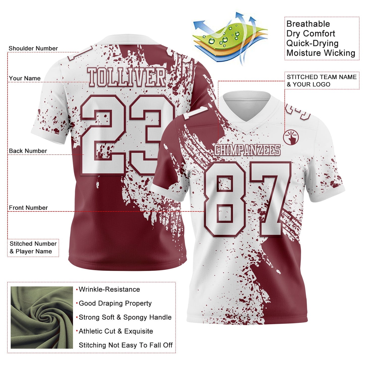 Custom White Burgundy 3D Pattern Abstract Brush Stroke Authentic Football Jersey view 2