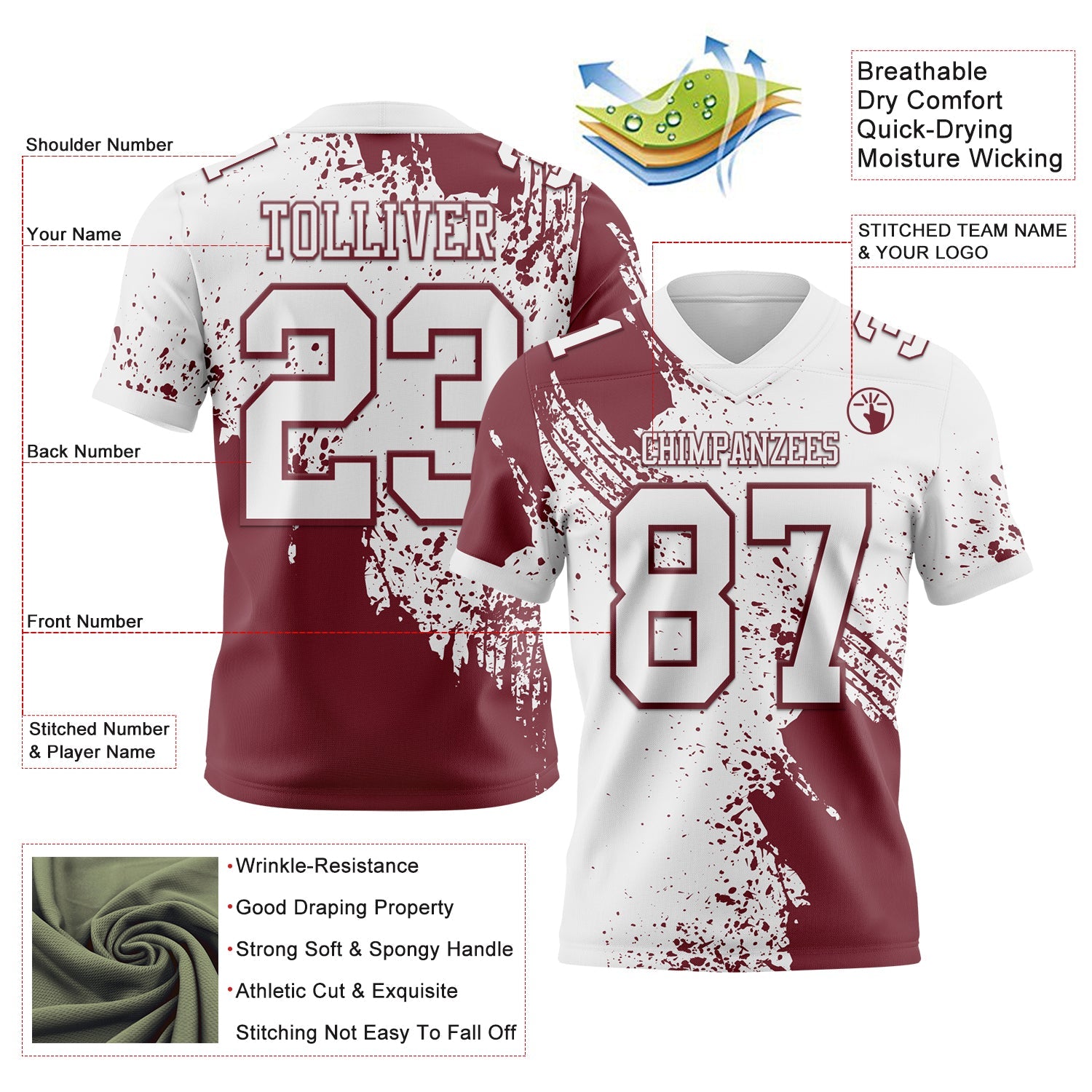 Custom White Burgundy 3D Pattern Abstract Brush Stroke Authentic Football Jersey view 2