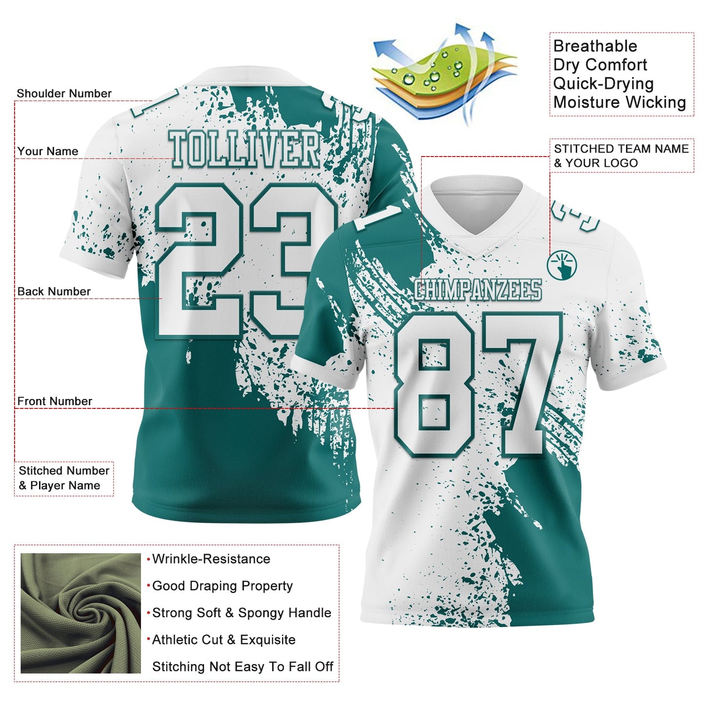 Custom White Teal 3D Pattern Abstract Brush Stroke Authentic Football Jersey view 2