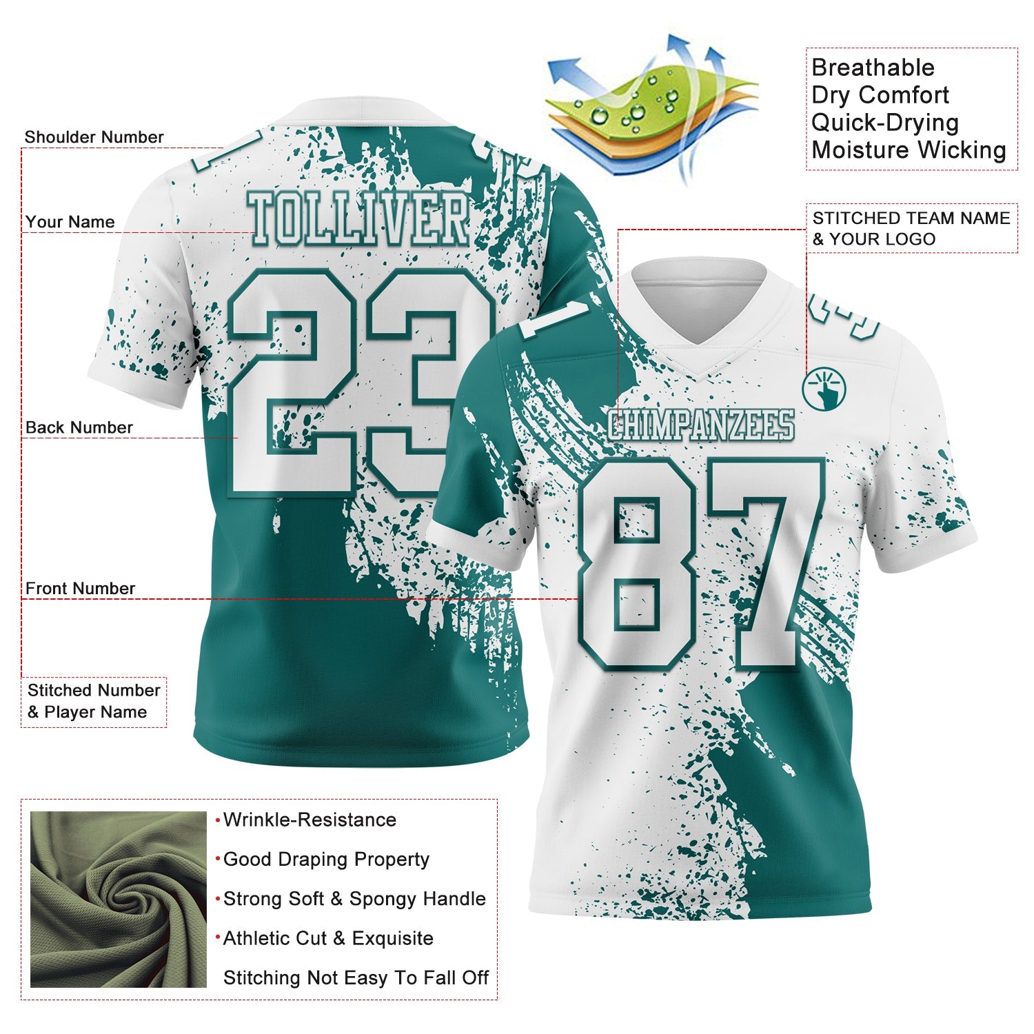 Custom White Teal 3D Pattern Abstract Brush Stroke Authentic Football Jersey view 2