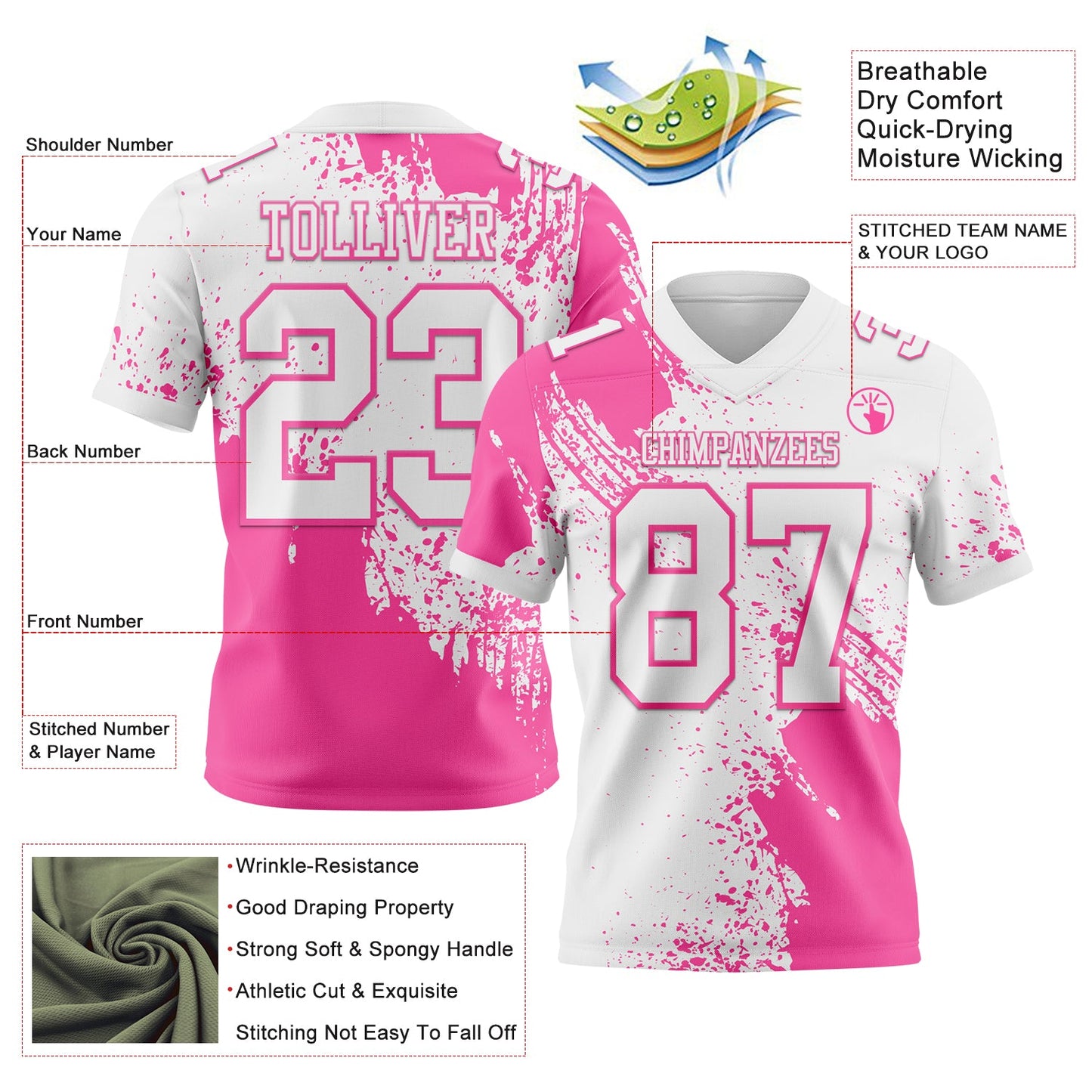 Custom White Pink 3D Pattern Abstract Brush Stroke Authentic Football Jersey view 2