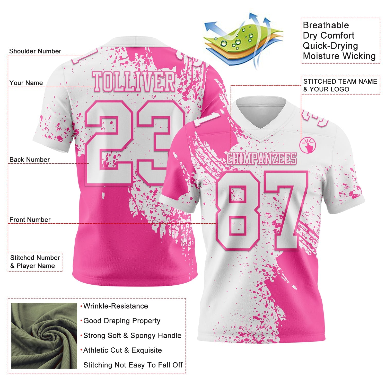 Custom White Pink 3D Pattern Abstract Brush Stroke Authentic Football Jersey view 2