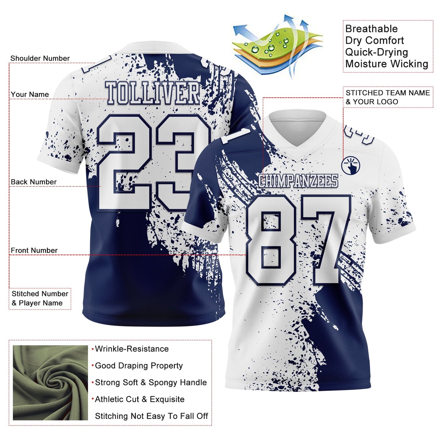 Custom White Navy 3D Pattern Abstract Brush Stroke Authentic Football Jersey view 2