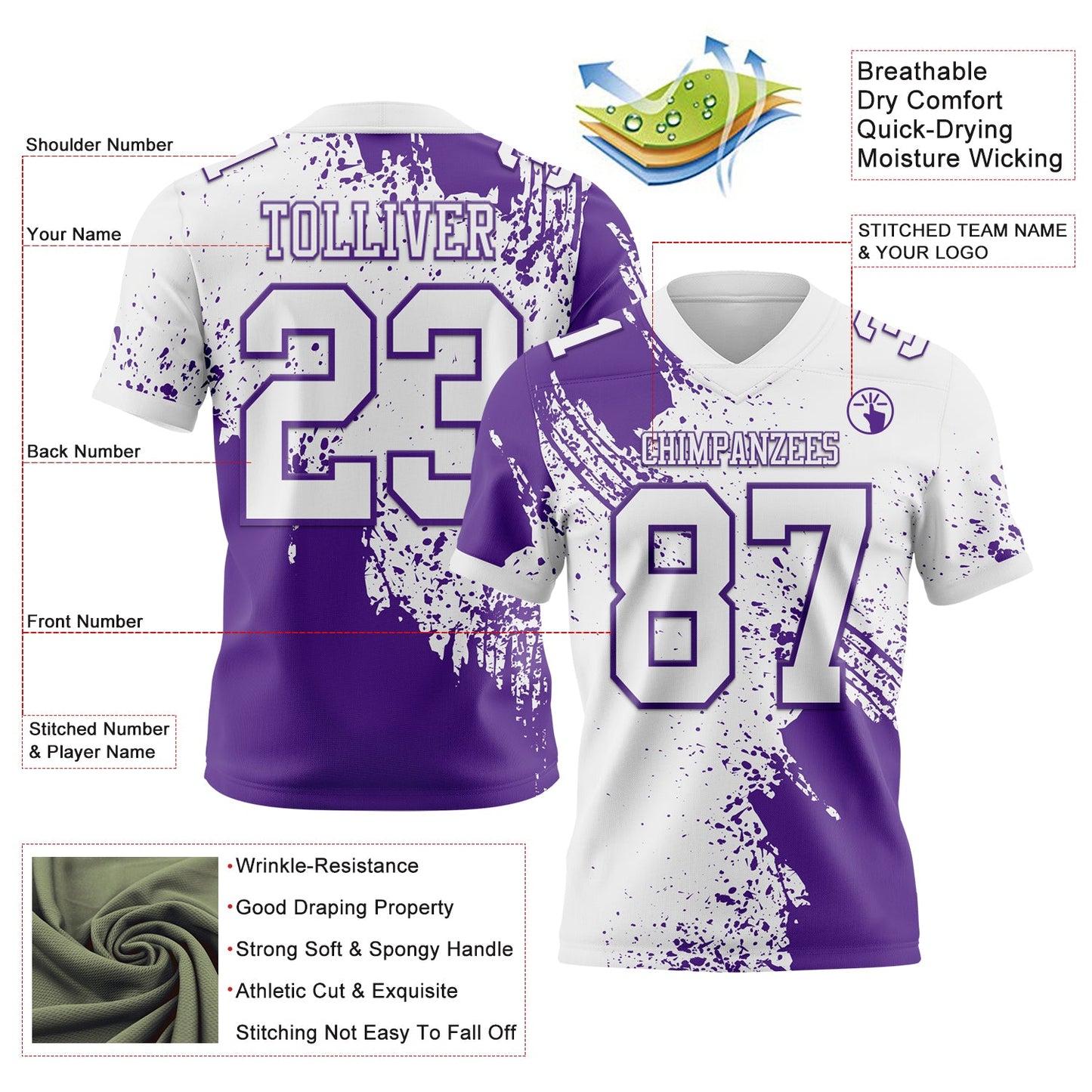 Custom White Purple 3D Pattern Abstract Brush Stroke Authentic Football Jersey view 2