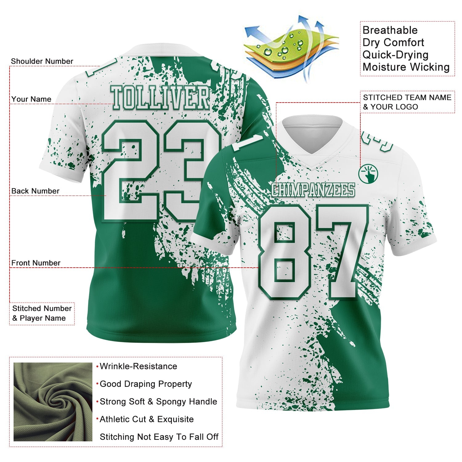 Custom White Kelly Green 3D Pattern Abstract Brush Stroke Authentic Football Jersey view 2