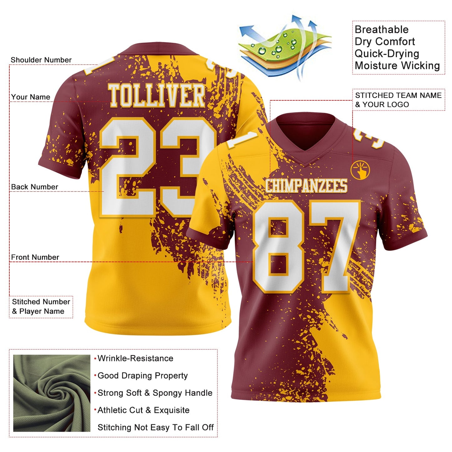 Custom Burgundy White-Gold 3D Pattern Abstract Brush Stroke Authentic Football Jersey view 2