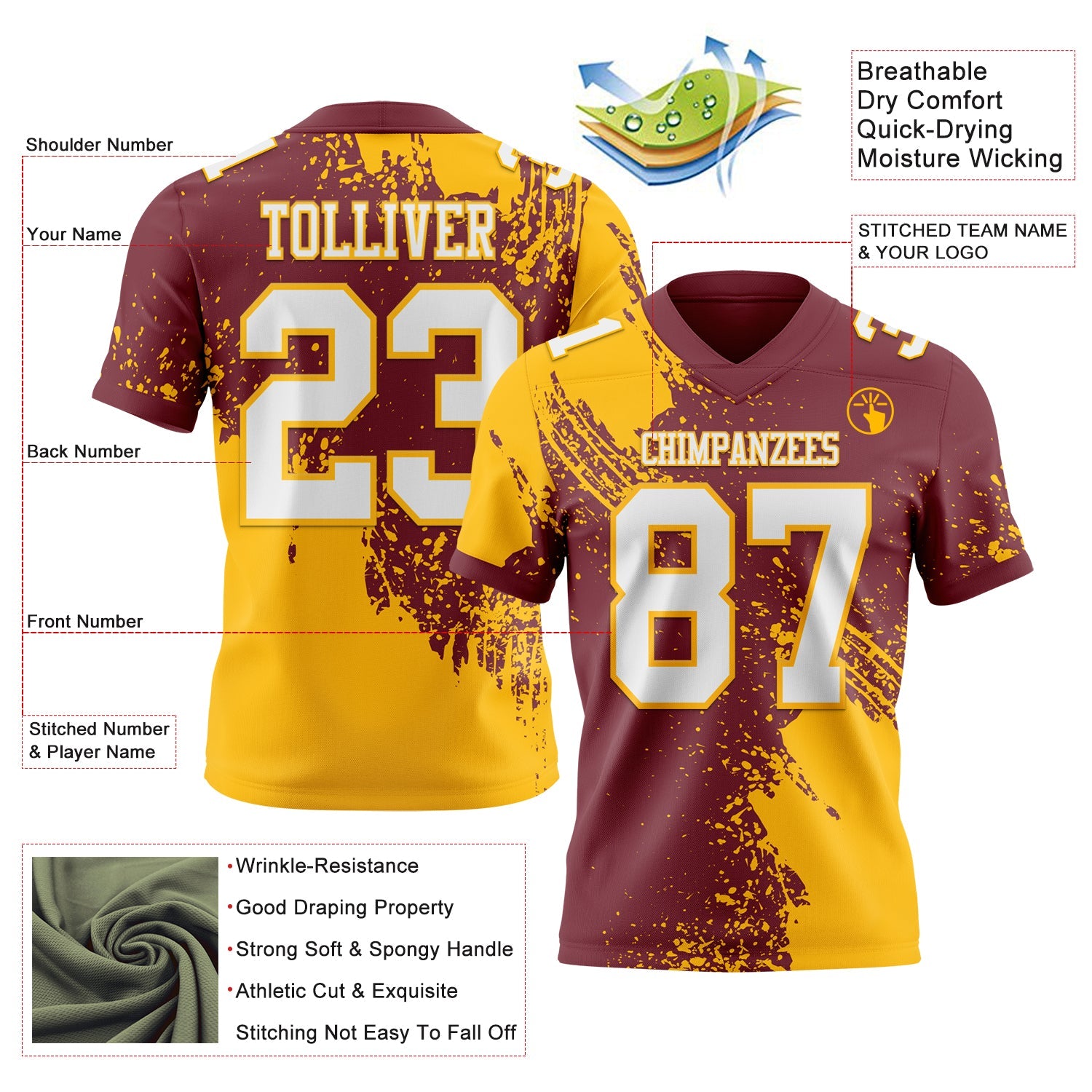 Custom Burgundy White-Gold 3D Pattern Abstract Brush Stroke Authentic Football Jersey view 2