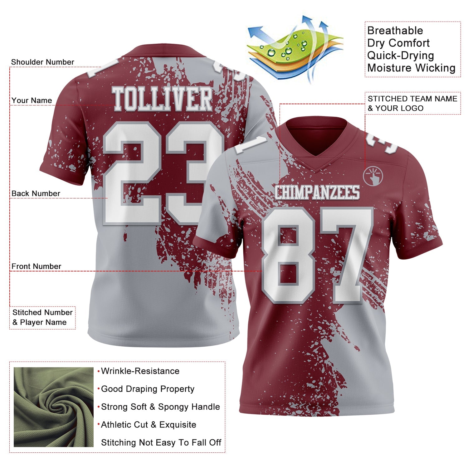 Custom Burgundy White-Gray 3D Pattern Abstract Brush Stroke Authentic Football Jersey view 2
