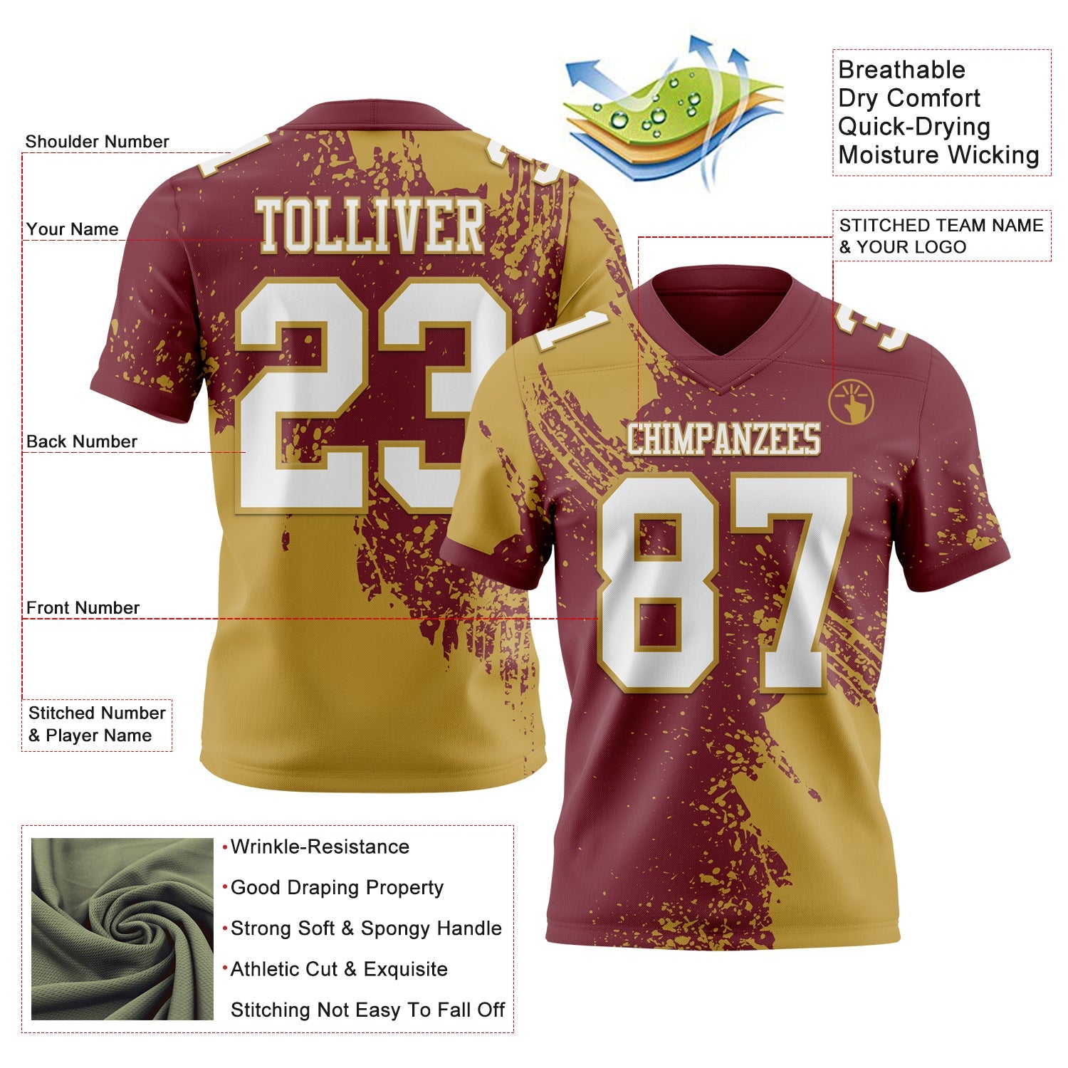 Custom Burgundy White-Old Gold 3D Pattern Abstract Brush Stroke Authentic Football Jersey view 2