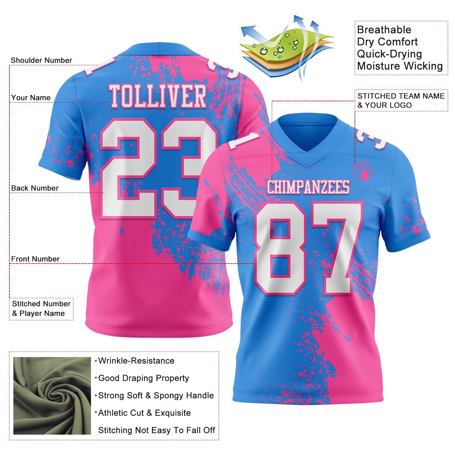 Custom Powder Blue White-Pink 3D Pattern Abstract Brush Stroke Authentic Football Jersey view 2
