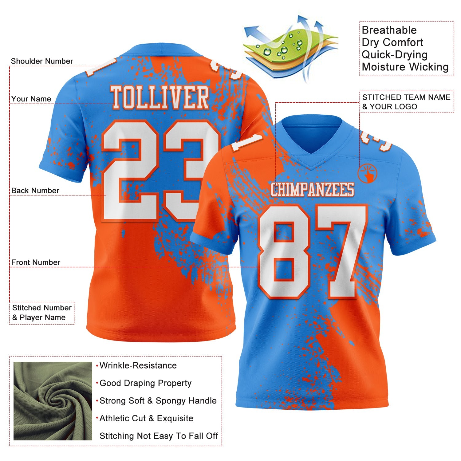 Custom Powder Blue White-Orange 3D Pattern Abstract Brush Stroke Authentic Football Jersey view 2