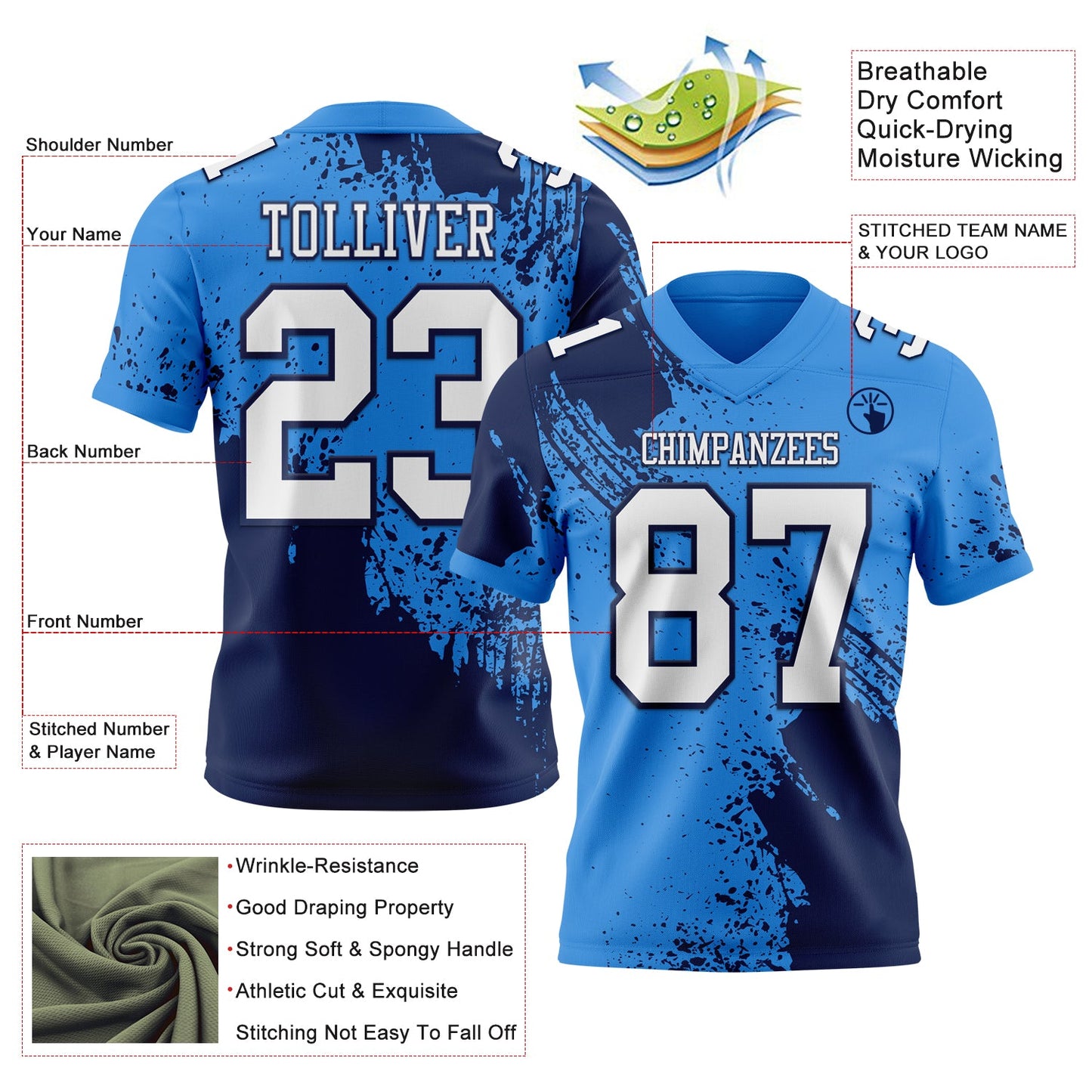 Custom Powder Blue White-Navy 3D Pattern Abstract Brush Stroke Authentic Football Jersey view 2