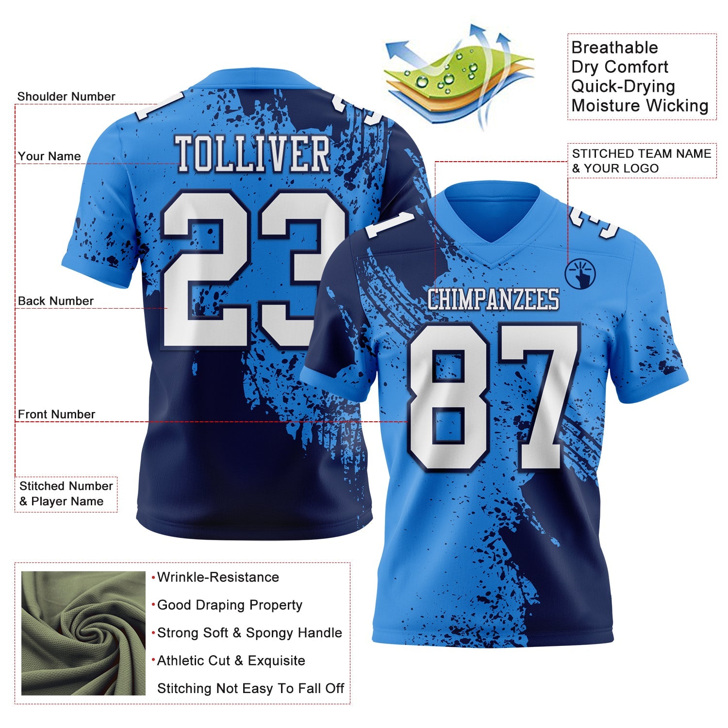 Custom Powder Blue White-Navy 3D Pattern Abstract Brush Stroke Authentic Football Jersey view 2