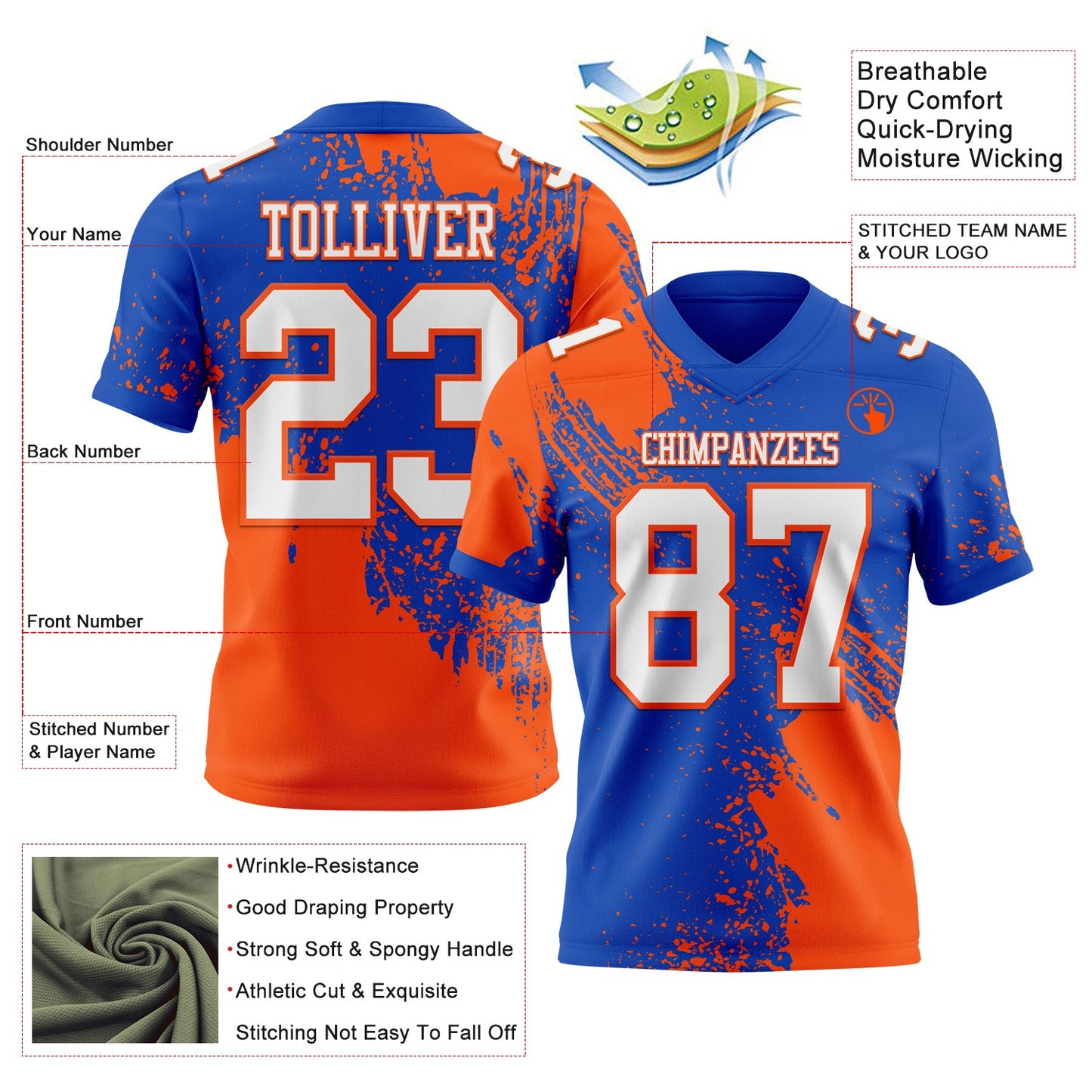 Custom Thunder Blue White-Orange 3D Pattern Abstract Brush Stroke Authentic Football Jersey view 2