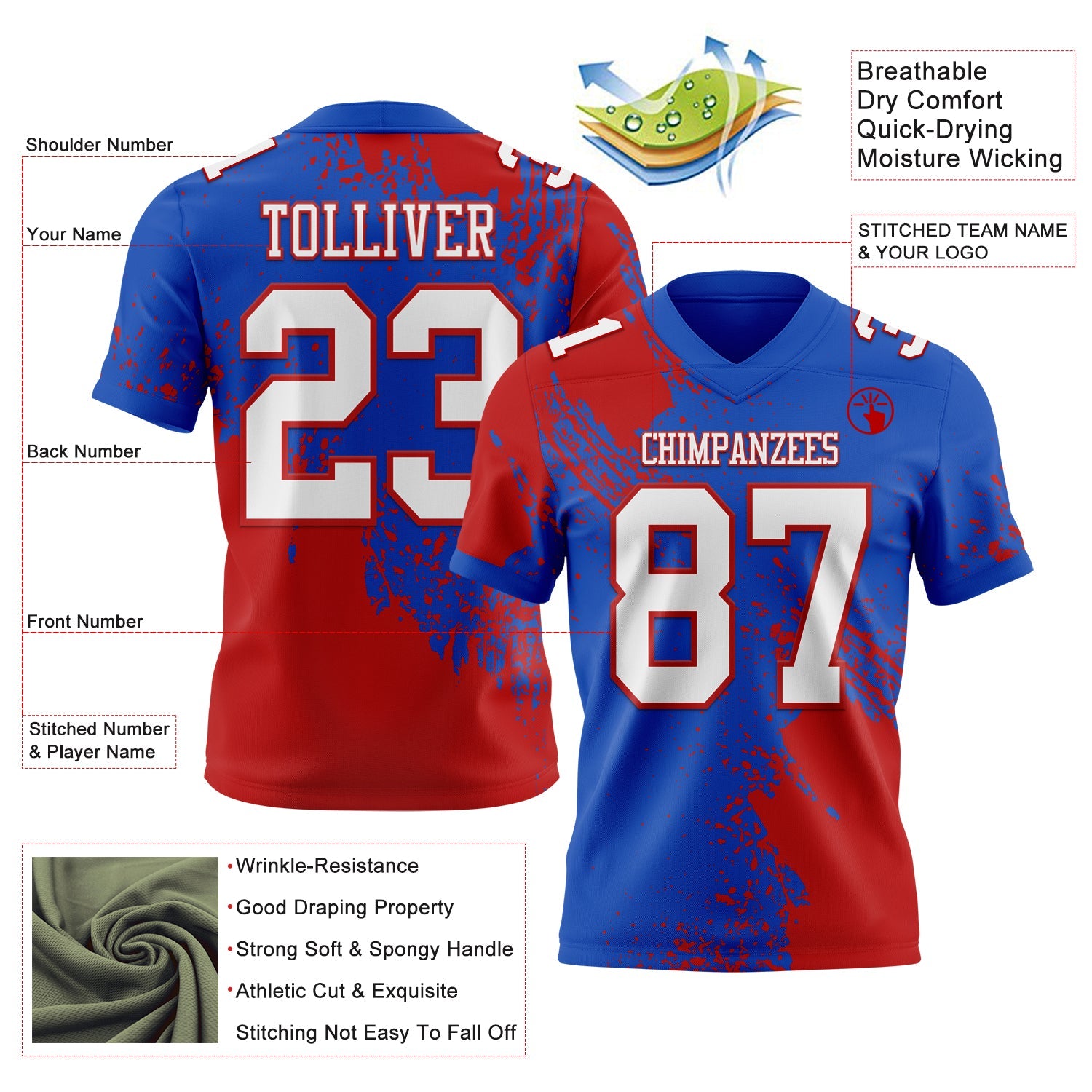 Custom Thunder Blue White-Red 3D Pattern Abstract Brush Stroke Authentic Football Jersey view 2