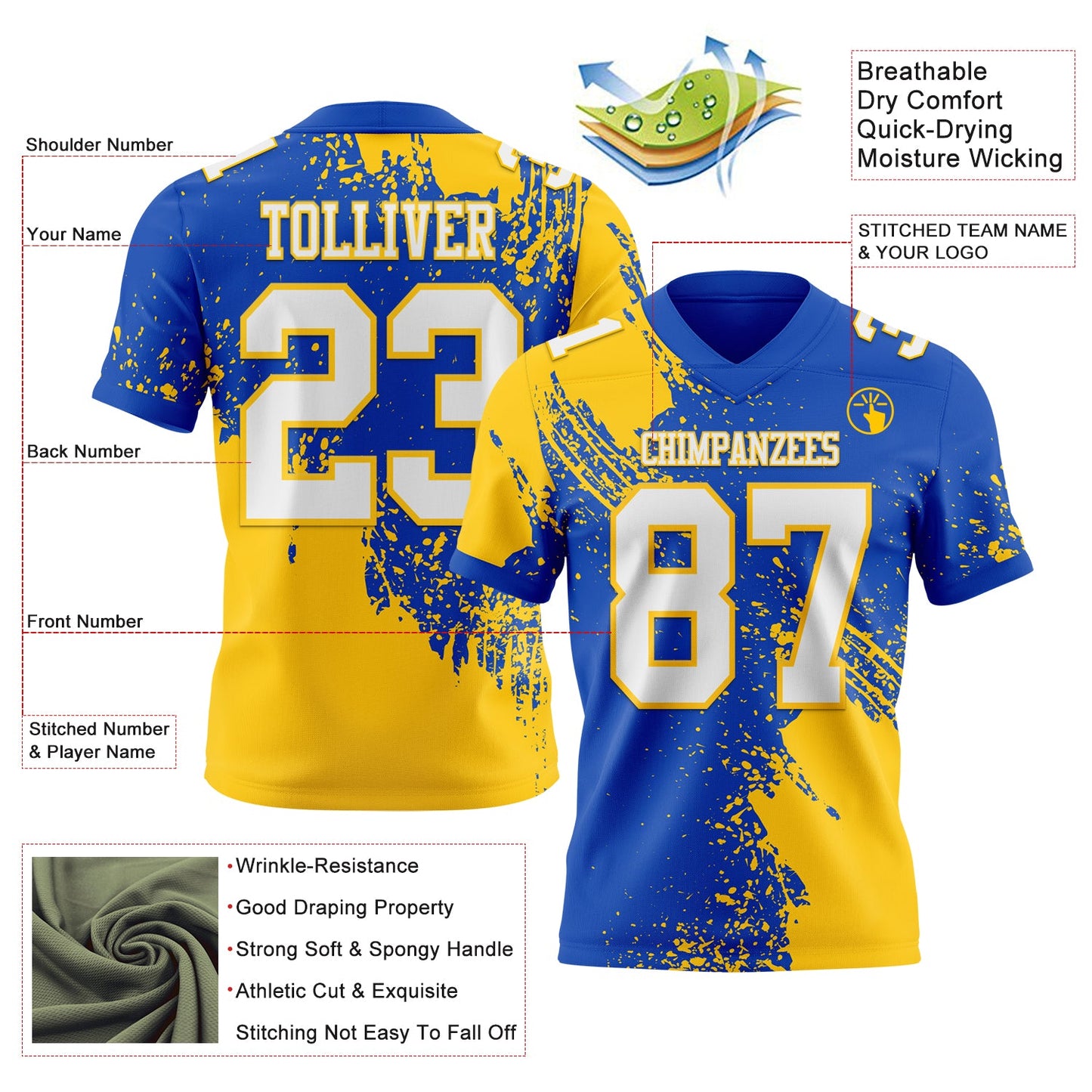 Custom Thunder Blue White-Yellow 3D Pattern Abstract Brush Stroke Authentic Football Jersey view 2