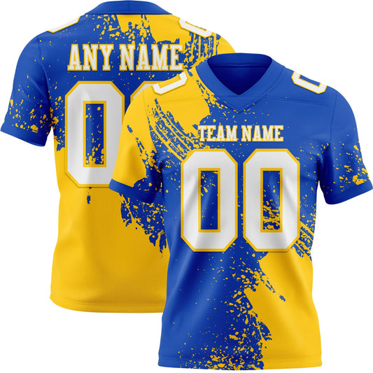 Custom Thunder Blue White-Yellow 3D Pattern Abstract Brush Stroke Authentic Football Jersey - Main View