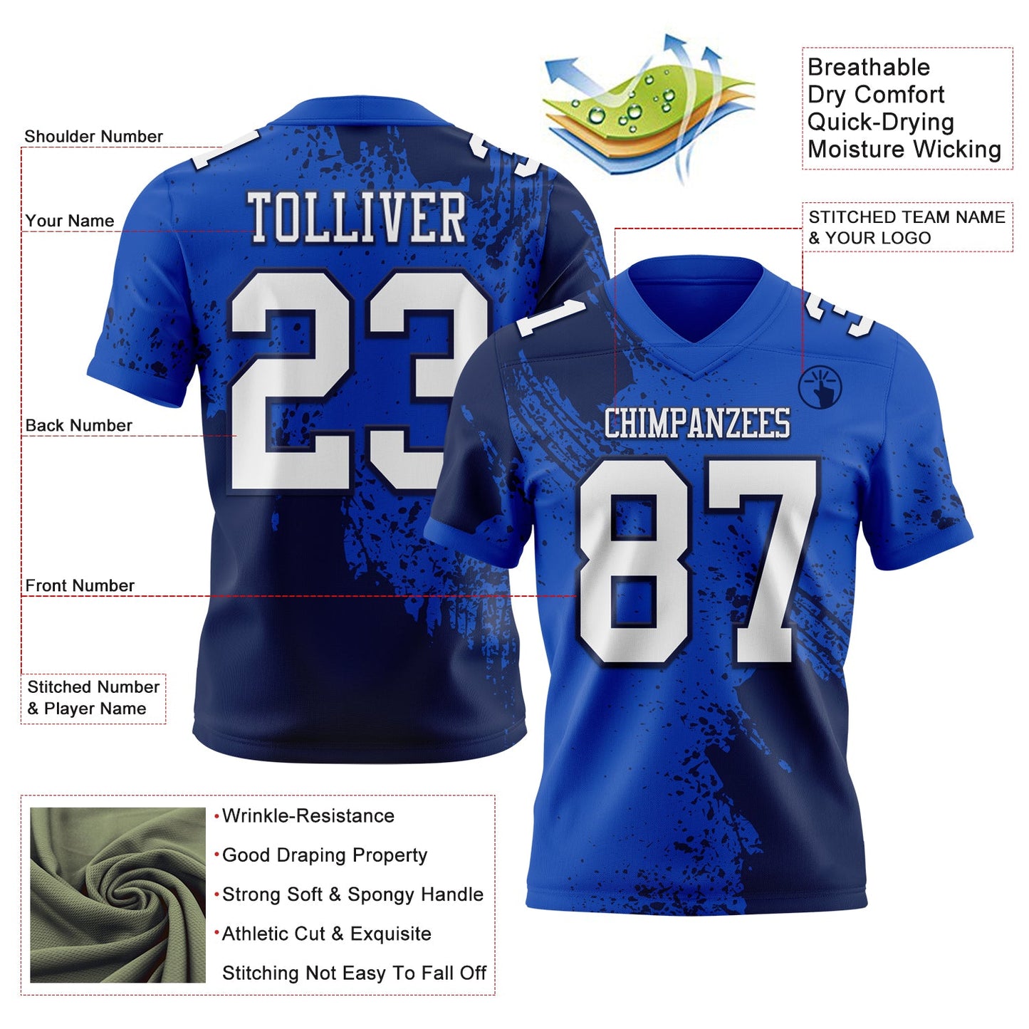 Custom Thunder Blue White-Navy 3D Pattern Abstract Brush Stroke Authentic Football Jersey view 2