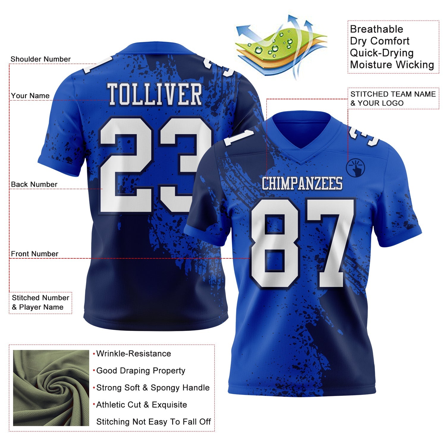 Custom Thunder Blue White-Navy 3D Pattern Abstract Brush Stroke Authentic Football Jersey view 2