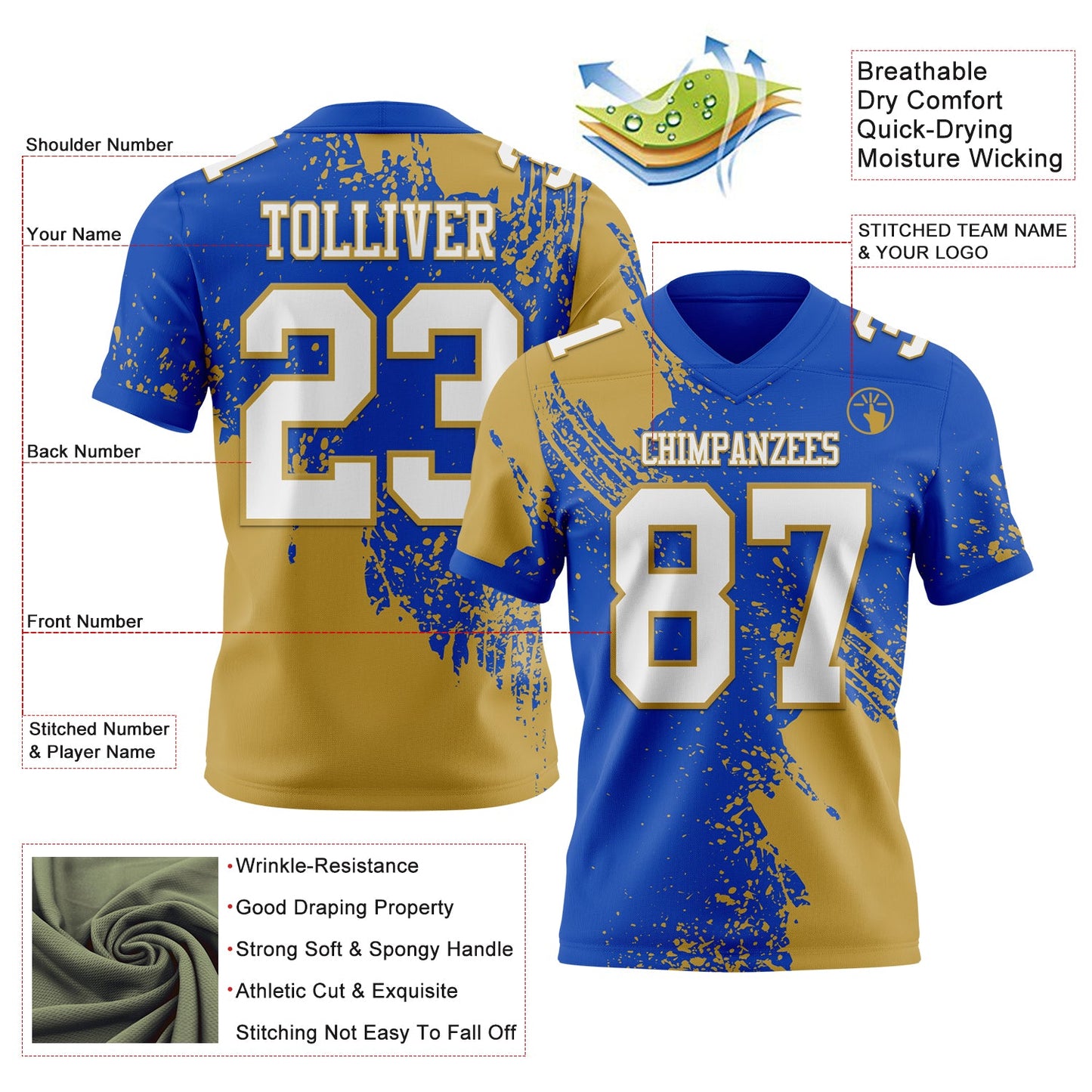 Custom Thunder Blue White-Old Gold 3D Pattern Abstract Brush Stroke Authentic Football Jersey view 2