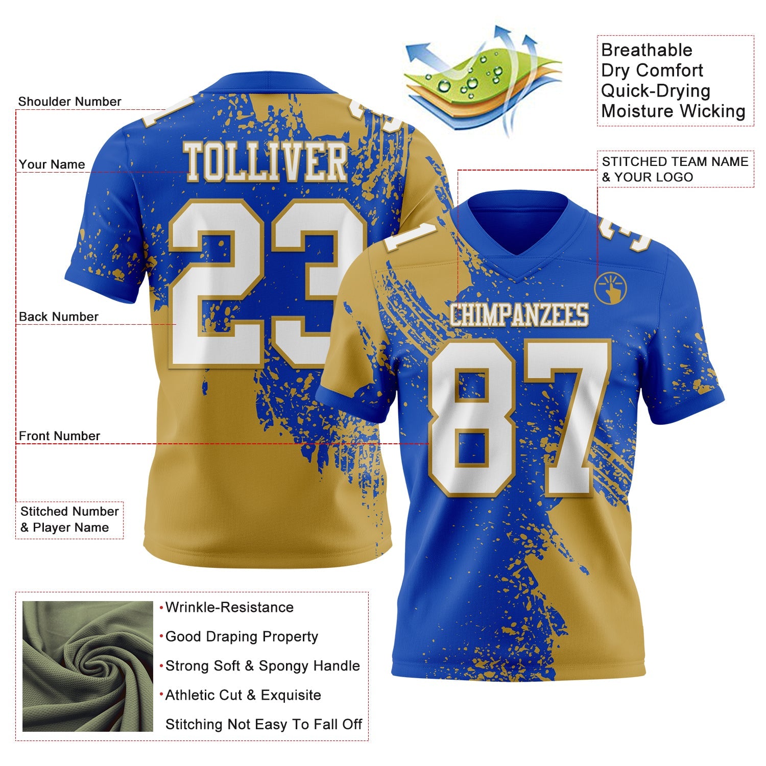 Custom Thunder Blue White-Old Gold 3D Pattern Abstract Brush Stroke Authentic Football Jersey view 2