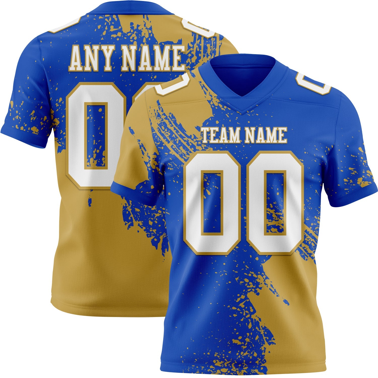 Custom Thunder Blue White-Old Gold 3D Pattern Abstract Brush Stroke Authentic Football Jersey - Main View