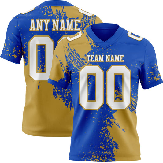 Custom Thunder Blue White-Old Gold 3D Pattern Abstract Brush Stroke Authentic Football Jersey - Main View