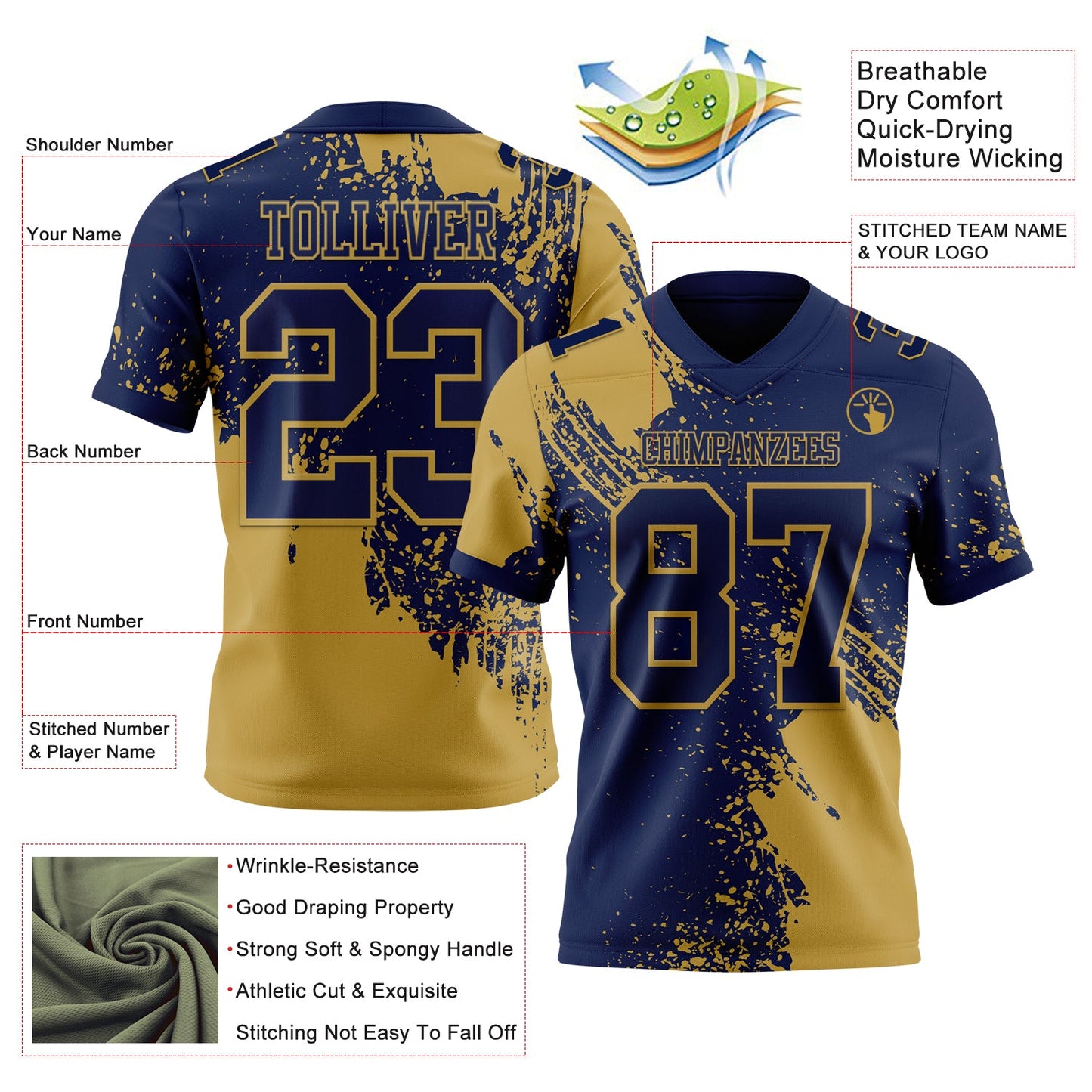 Custom Navy Old Gold 3D Pattern Abstract Brush Stroke Authentic Football Jersey view 2