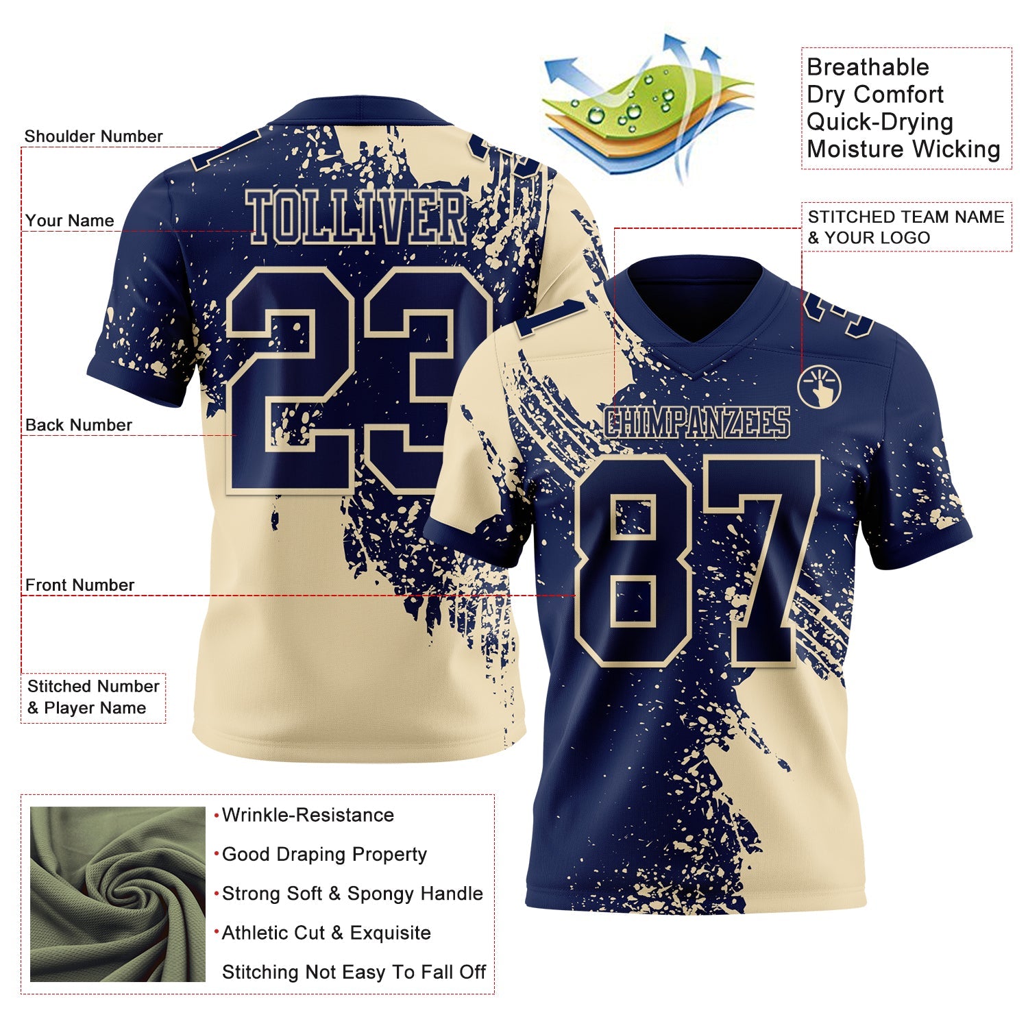 Custom Navy Cream 3D Pattern Abstract Brush Stroke Authentic Football Jersey view 2