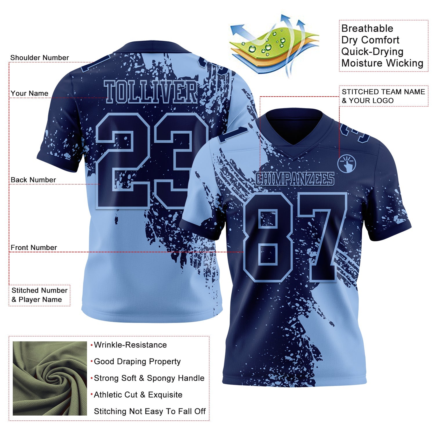 Custom Navy Light Blue 3D Pattern Abstract Brush Stroke Authentic Football Jersey view 2