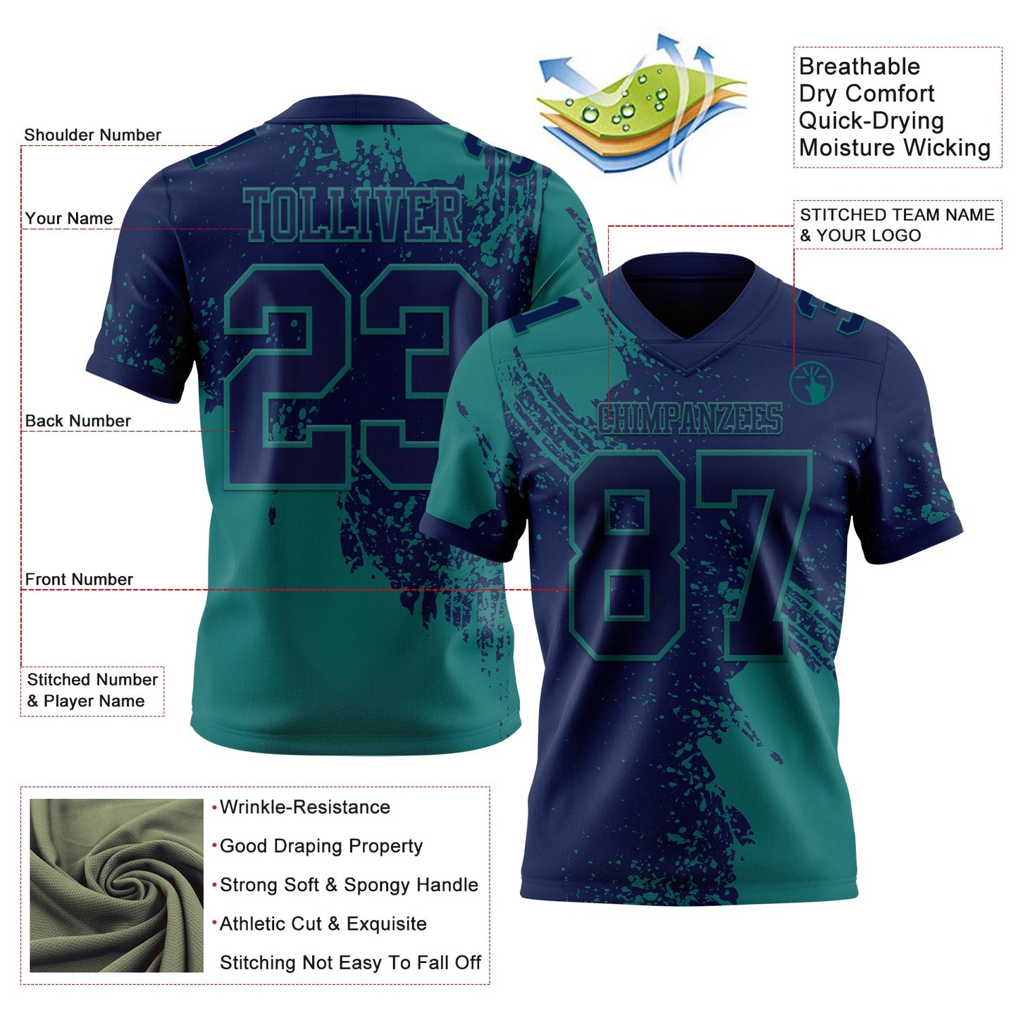 Custom Navy Teal 3D Pattern Abstract Brush Stroke Authentic Football Jersey view 2