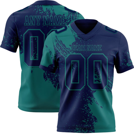 Custom Navy Teal 3D Pattern Abstract Brush Stroke Authentic Football Jersey - Main View