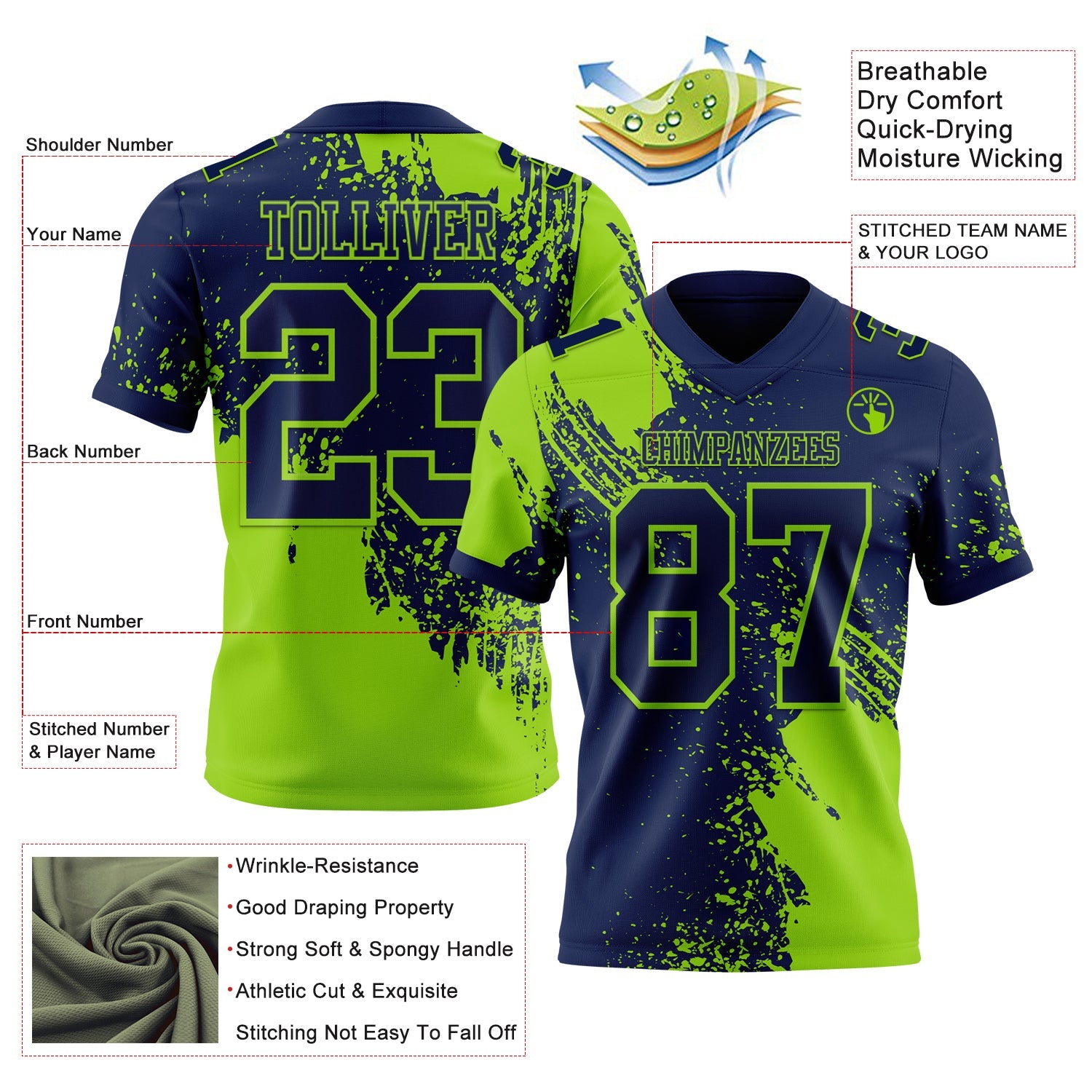 Custom Navy Neon Green 3D Pattern Abstract Brush Stroke Authentic Football Jersey view 2
