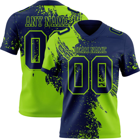 Custom Navy Neon Green 3D Pattern Abstract Brush Stroke Authentic Football Jersey - Main View