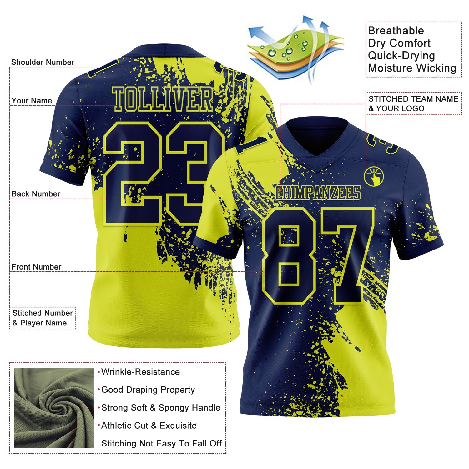 Custom Navy Neon Yellow 3D Pattern Abstract Brush Stroke Authentic Football Jersey view 2