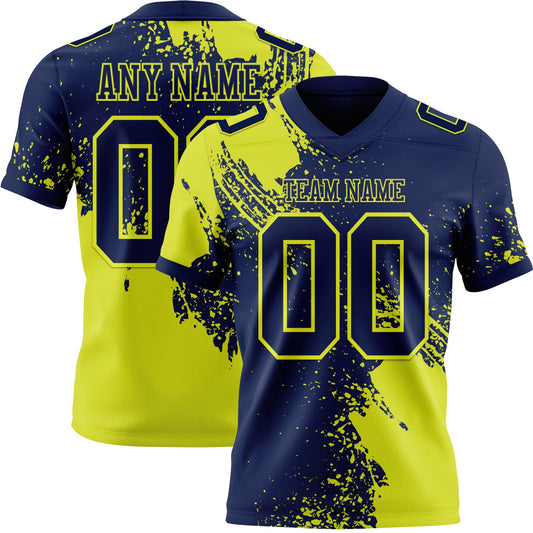 Custom Navy Neon Yellow 3D Pattern Abstract Brush Stroke Authentic Football Jersey - Main View