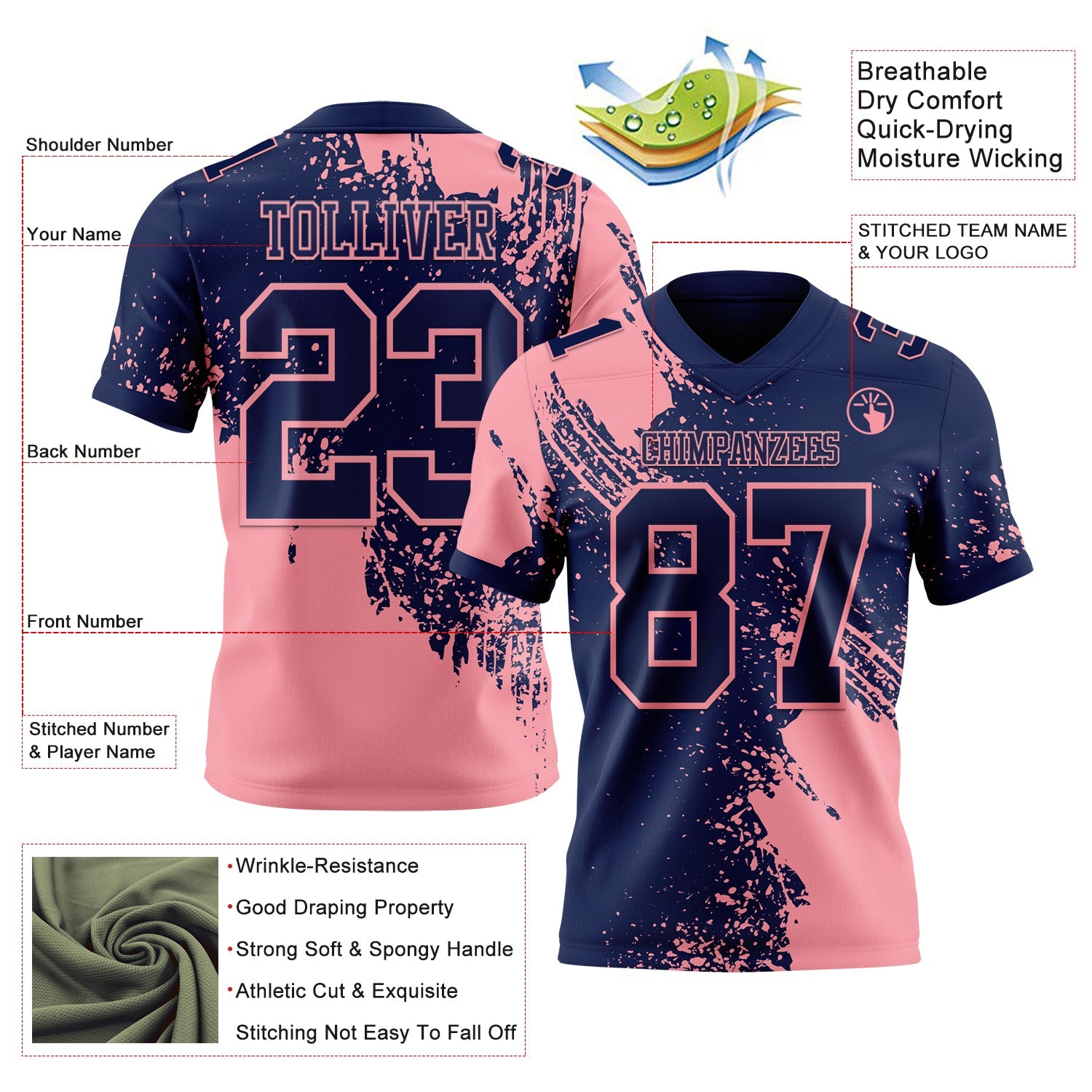 Custom Navy Medium Pink 3D Pattern Abstract Brush Stroke Authentic Football Jersey view 2