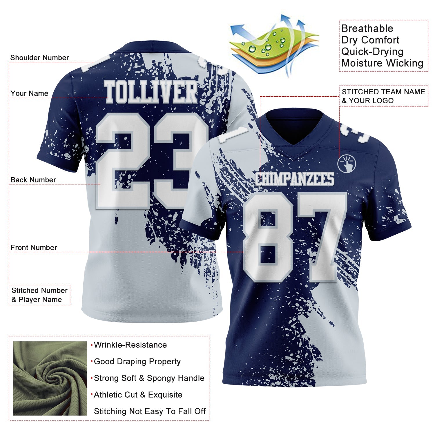 Custom Navy White-Silver 3D Pattern Abstract Brush Stroke Authentic Football Jersey view 2