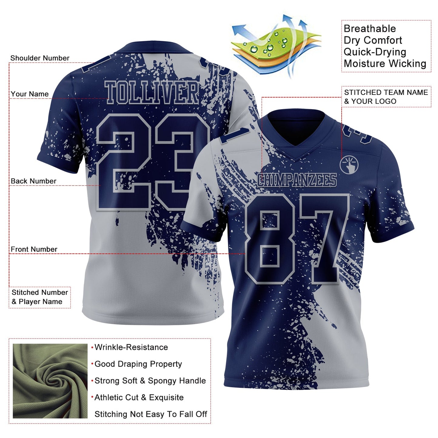 Custom Navy Gray 3D Pattern Abstract Brush Stroke Authentic Football Jersey view 2